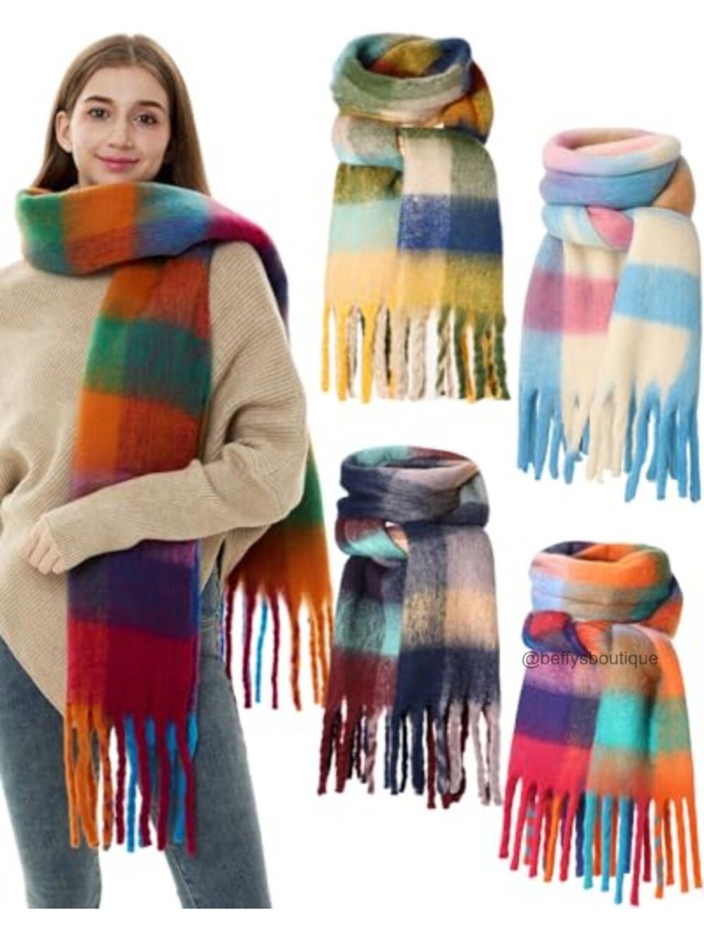 4 Pc Large Chunky Plaid Scarf Set Oversized Shawl Blanket